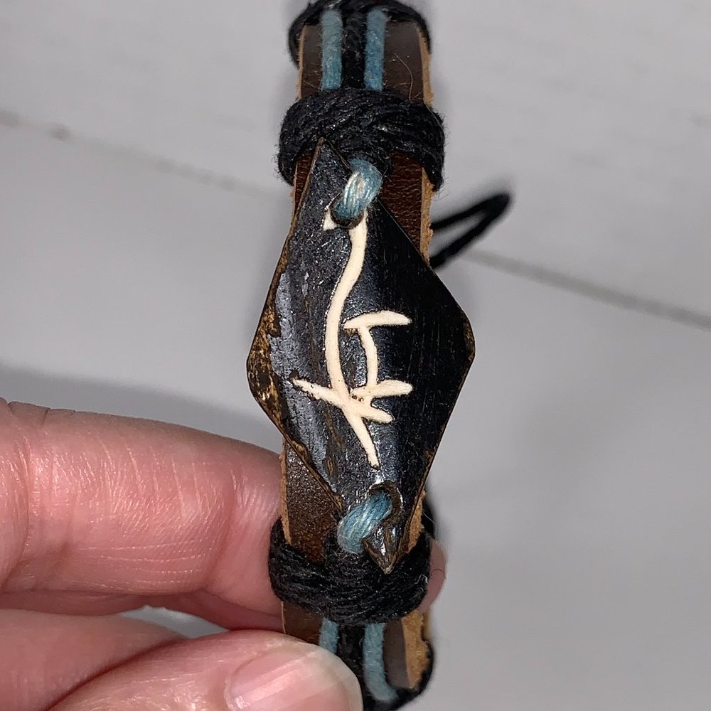 12" Long Leather Bracelet with Blue Hemp detail